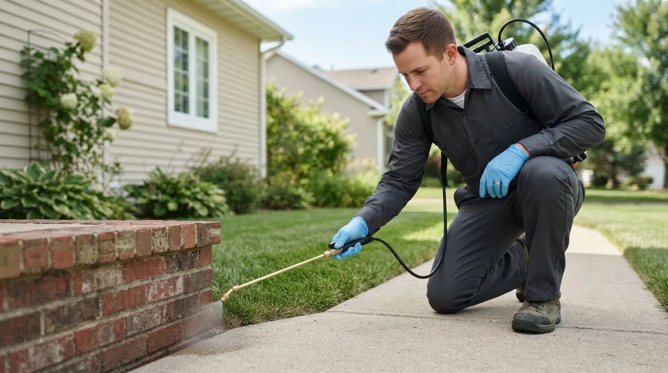 Pest control technician treating a home near Blanchard, MI