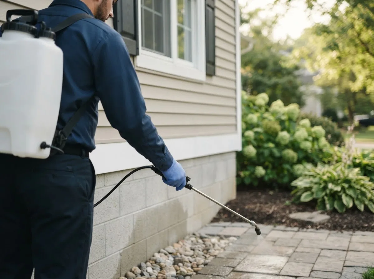 Pest control technician inspecting a home in Blanchard, MI